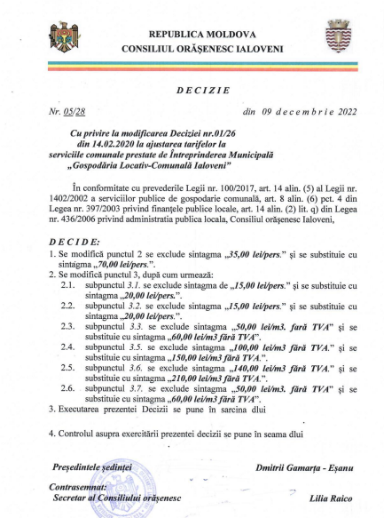 DOC// Tariful pentru transportarea deșeurilor în orașul Ialoveni a fost majorat 2 ajustare tarife GLCIaloveni