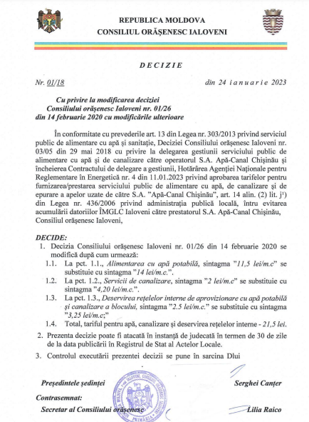 Orașul Ialoveni: Tariful pentru apă și canalizare a fost majorat 2 Screenshot 2023 02 03 142010 tarife apa si canalizare