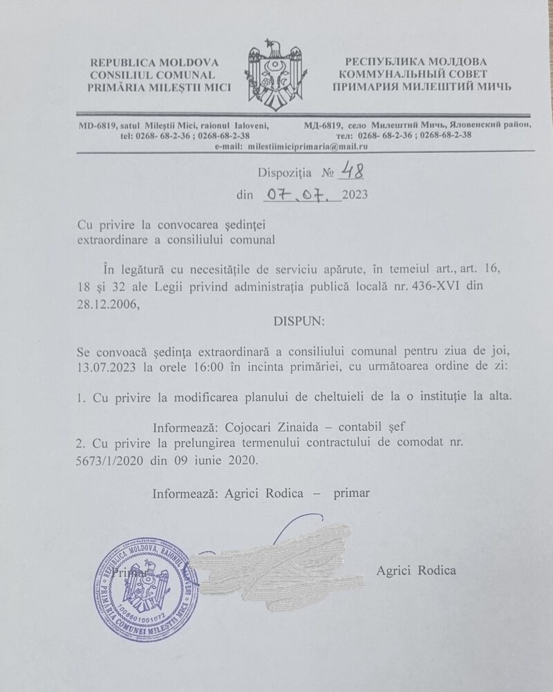 Se convoacă ședința Consiliului local Mileștii Mici. Se preconizează prelungirea unui contract de comodat 2 358434784 2265611170495444 2620670174329560723 n
