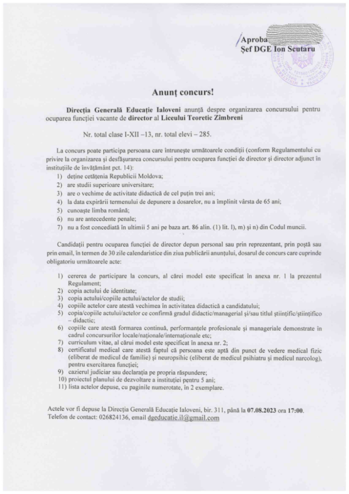 Concurs pentru ocuparea funcției de director al Liceului Teoretic Zîmbreni 2 Anunt Concurs 724x1024 1