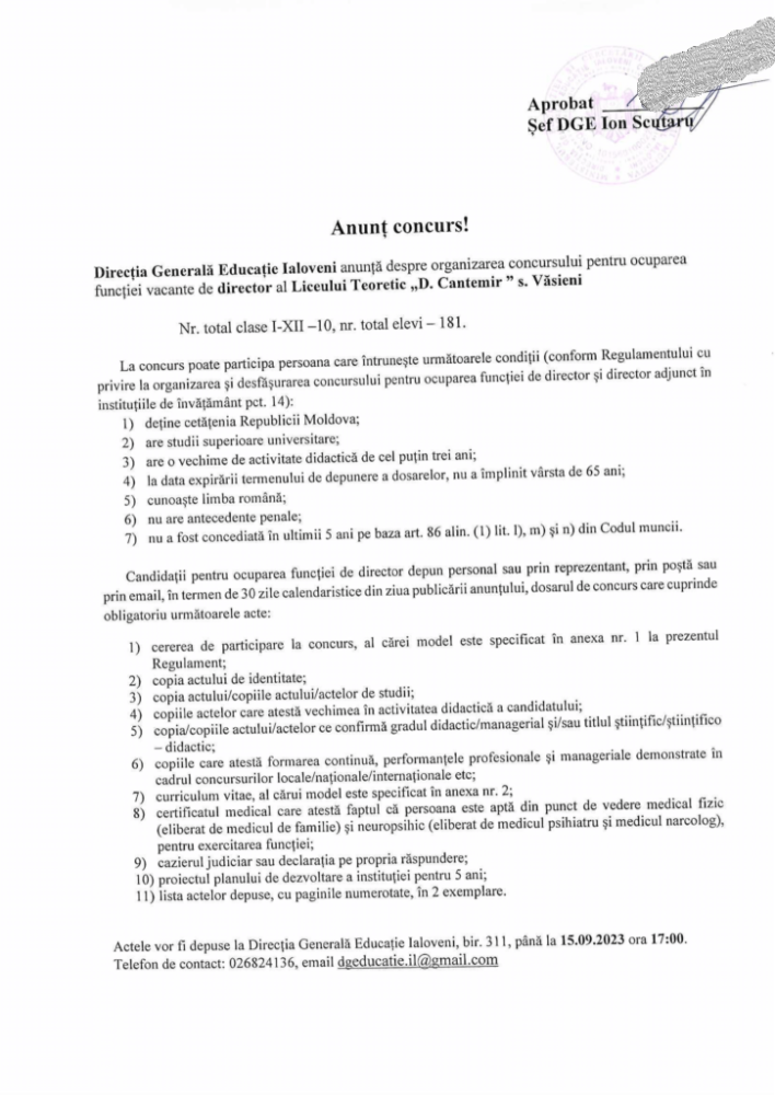 Văsieni: Concurs pentru ocuparea funcției vacante de director al Liceului Teoretic „Dimitrie Cantemir” 2 Anunt 1 725x1024 1