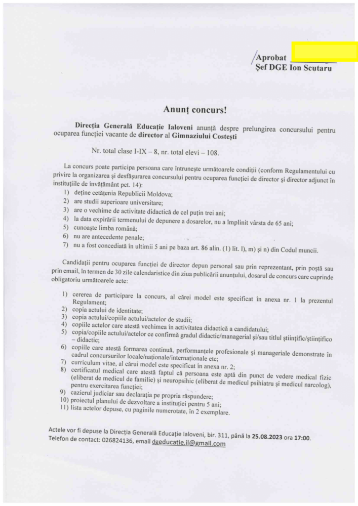 Concurs pentru ocuparea funcției de director al Gimnaziilor Costești, Misovca și Horodca 4 Anunt concurs Costesti 1 1448x2048 1