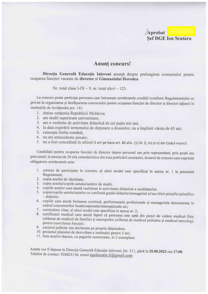 Concurs pentru ocuparea funcției de director al Gimnaziilor Costești, Misovca și Horodca 3 Anunt concurs Horodca 1 1448x2048 1