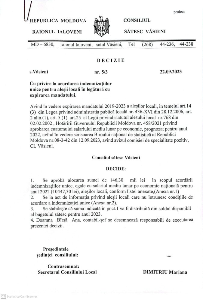 Văsieni: Consilierii urmează să aprobe acordarea indemnizațiilor unice la plecarea din funcție 5 3 2