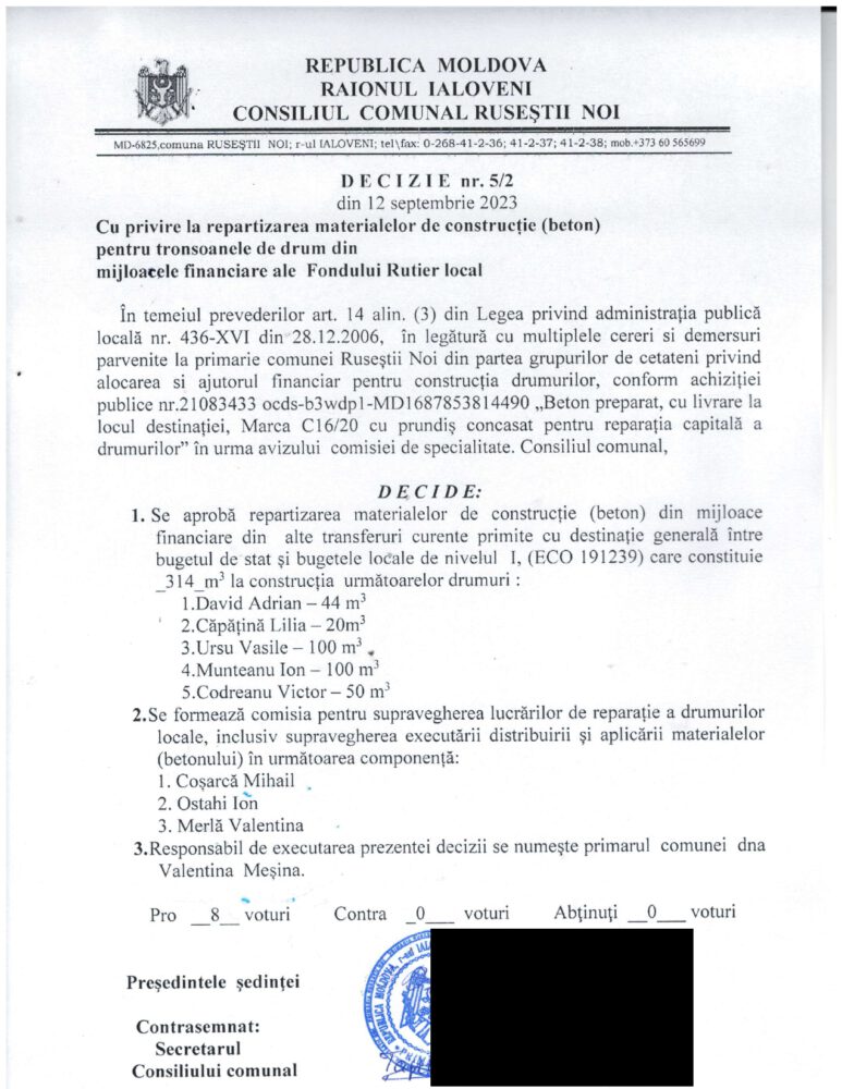 Ruseștii Noi. Consilierii au repartizat beton pentru 5 străzi din comună 2 dp 6509633f304a7 page 0001