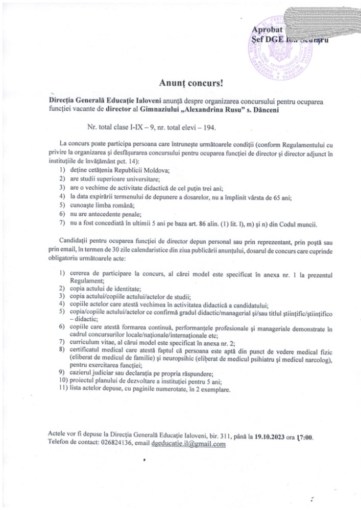 Concurs pentru ocuparea funcției vacante de director al Gimnaziului „Alexandrina Rusu” din Dănceni 2 Anunt 19.09 1 724x1024 1