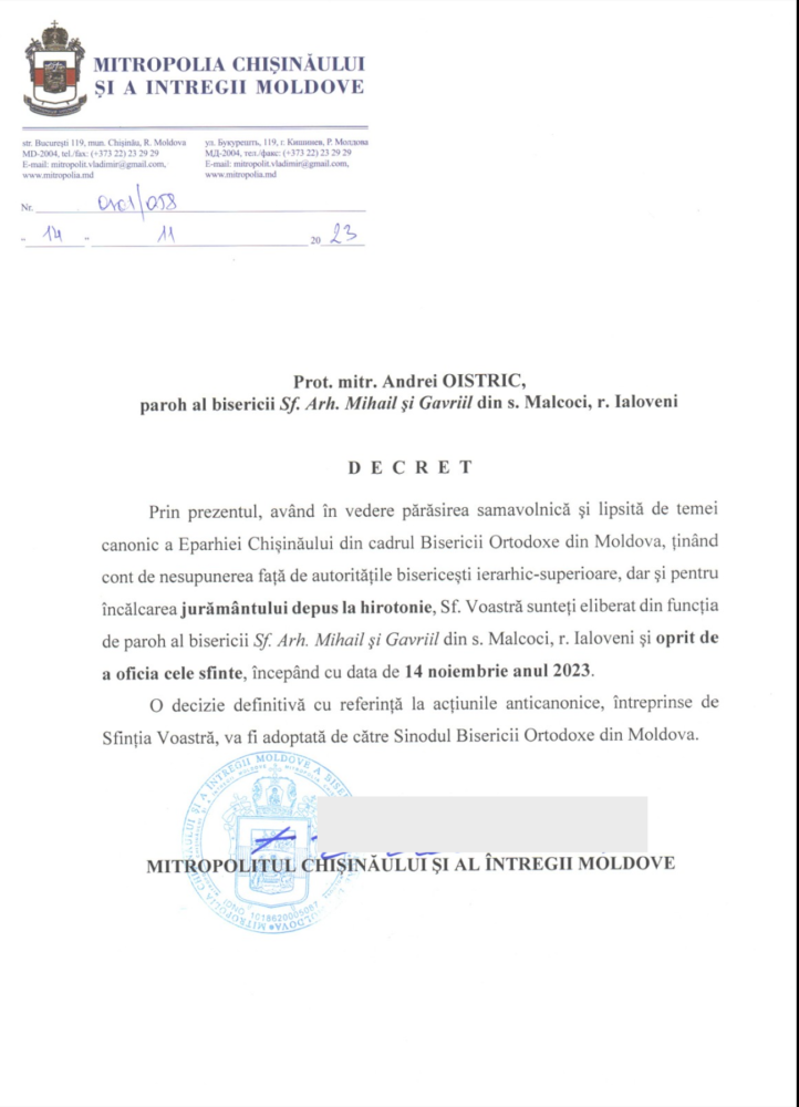 Mitropolia Moldovei anunță că l-a oprit pe preotul din Malcoci din oficierea celor sfinte, după plecarea acestuia la Mitropolia Basarabiei 2 Screenshot 2023 11 14 at 18.33.32