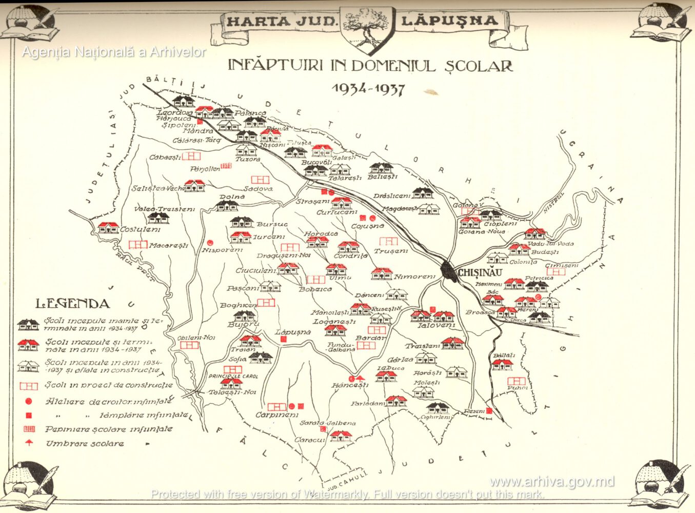 Harta scolilor construite de guvernul Romaniei in Basarabia judetul Lapusna 1934 37