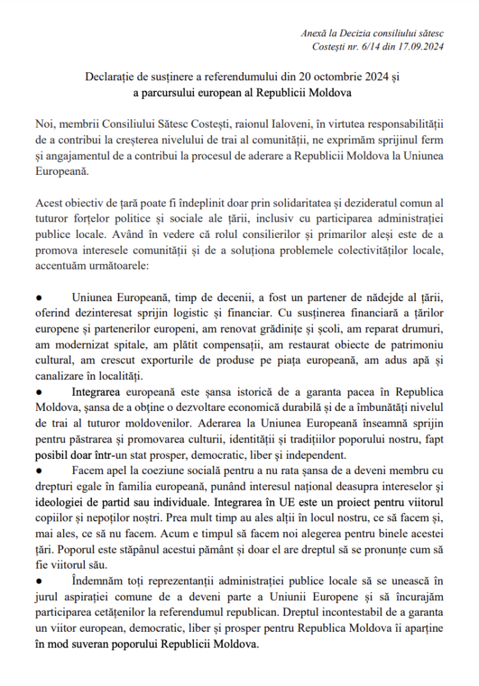 Costești - prima localitate din raion în care consilierii locali semnează o declarație de susținere a referendumului din 20 octombrie 2 Screenshot 2024 09 23 at 22.22.40