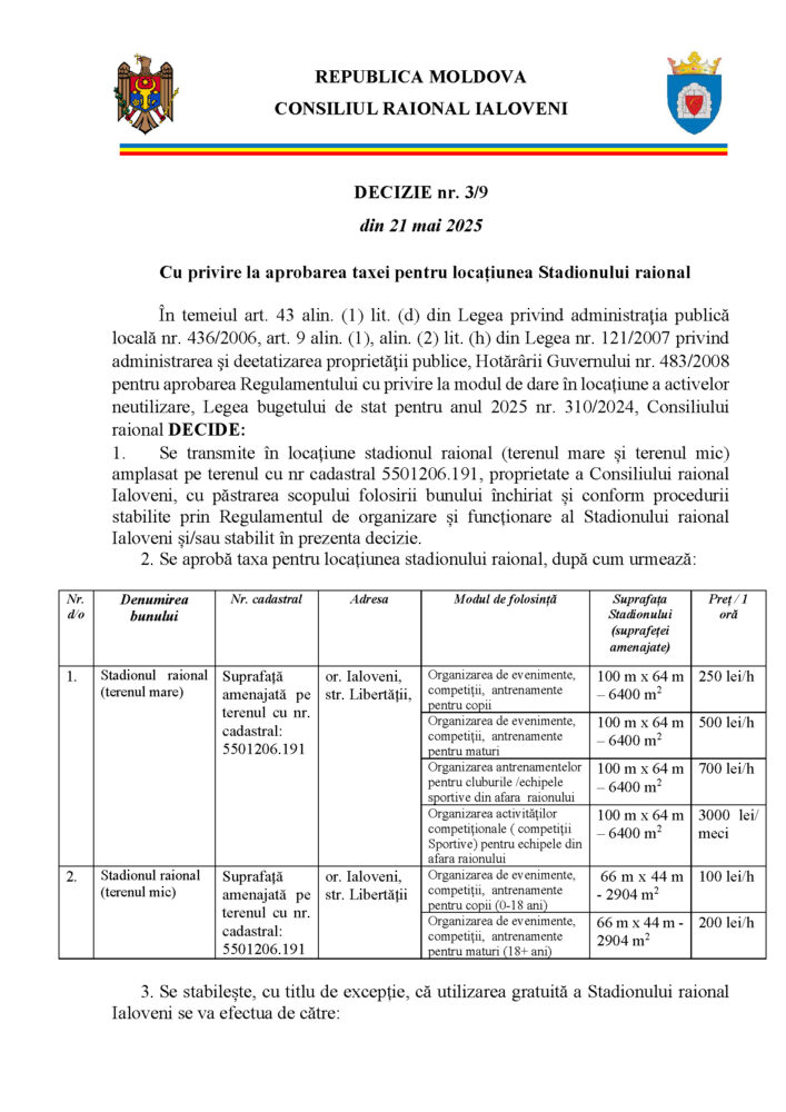 Cele două stadioane raionale din Ialoveni pot fi închiriate: autoritățile au stabilit tarifele de arendă 3 decizie taxa stadion raional ialoveni 1