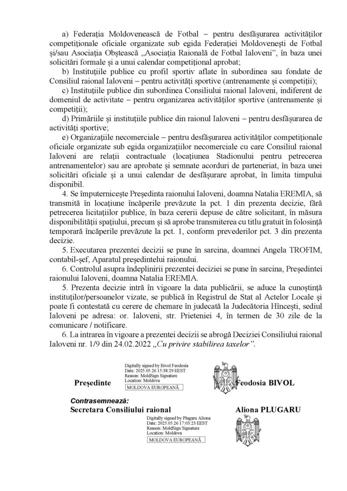 Cele două stadioane raionale din Ialoveni pot fi închiriate: autoritățile au stabilit tarifele de arendă 4 decizie taxa stadion raional ialoveni 2