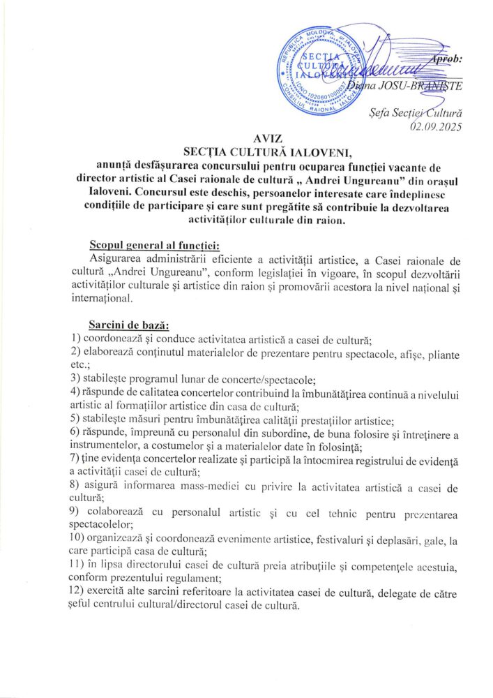 Se caută director artistic la Casa Raională de Cultură „Andrei Ungureanu” 2 540462152 1285002660088008 94856146640764665 n