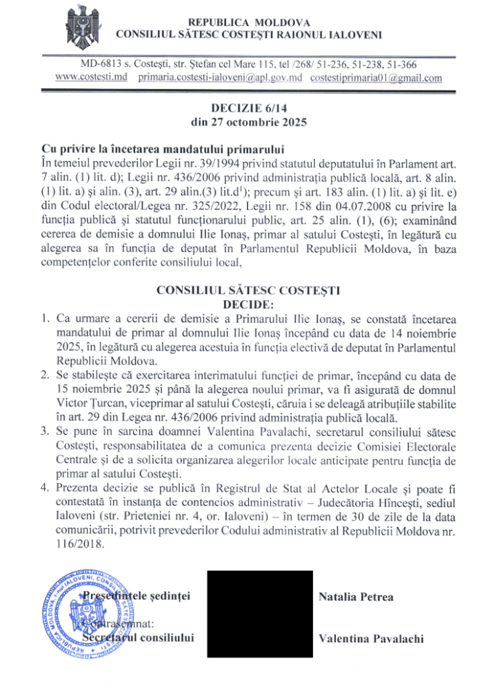 DOC/ Ilie Ionaș renunță în mod oficial la funcția de primar al satului Costești 2 Screenshot 2025 10 27T213450.854