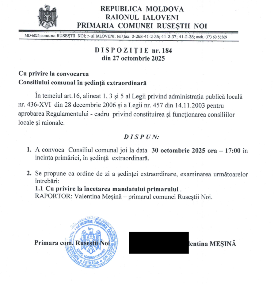 Consilierii din Ruseștii Noi, convocați în ședință extraordinară: Primara renunță la funcția sa 2 Screenshot 2025 10 29T142924.419