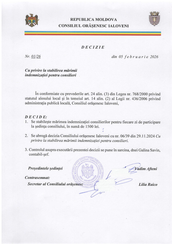 indemnizatie consilieri ialoveni 2026