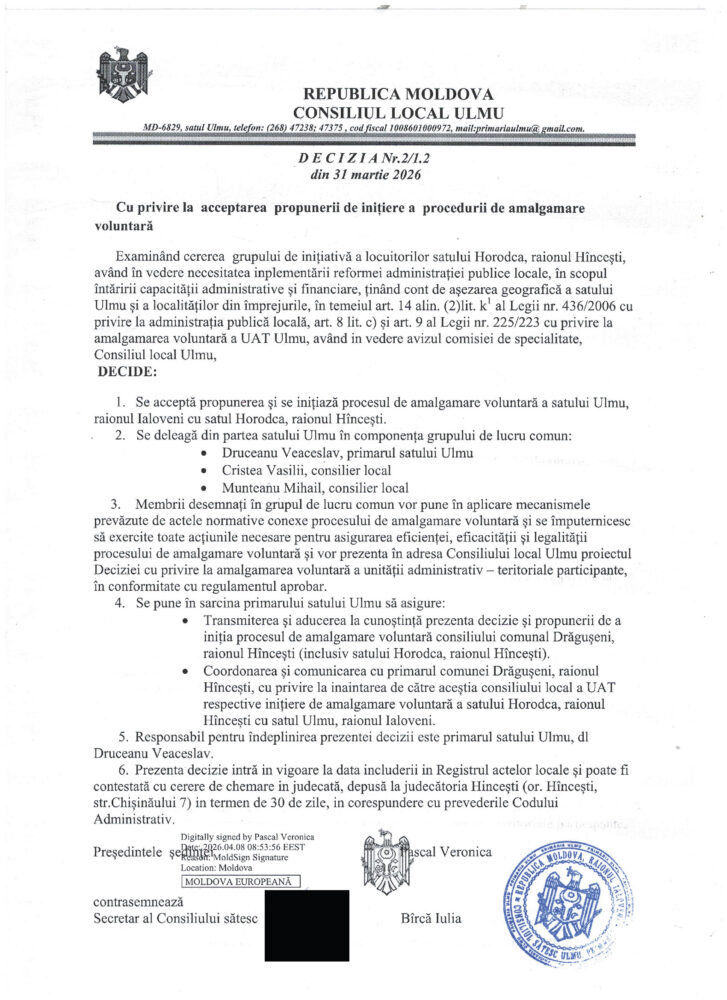 Ulmu, argument pentru reforma APL: o decizie adoptată cu încălcarea legii 2 decizie amalgamare ulmu horodca draguseni