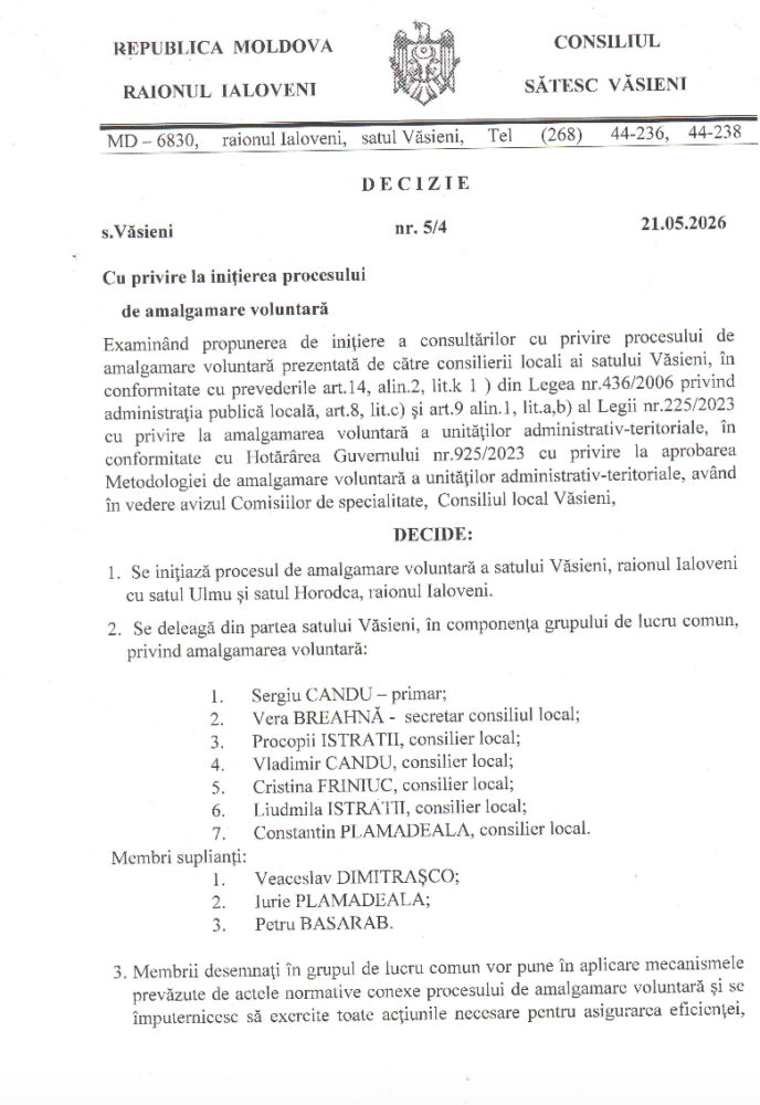 Consilierii din Văsieni au aprobat inițierea procesului de amalgamare cu Primăriile Ulmu și Horodca 3 Captura de ecran din 2026 05 27 la 11.26.12