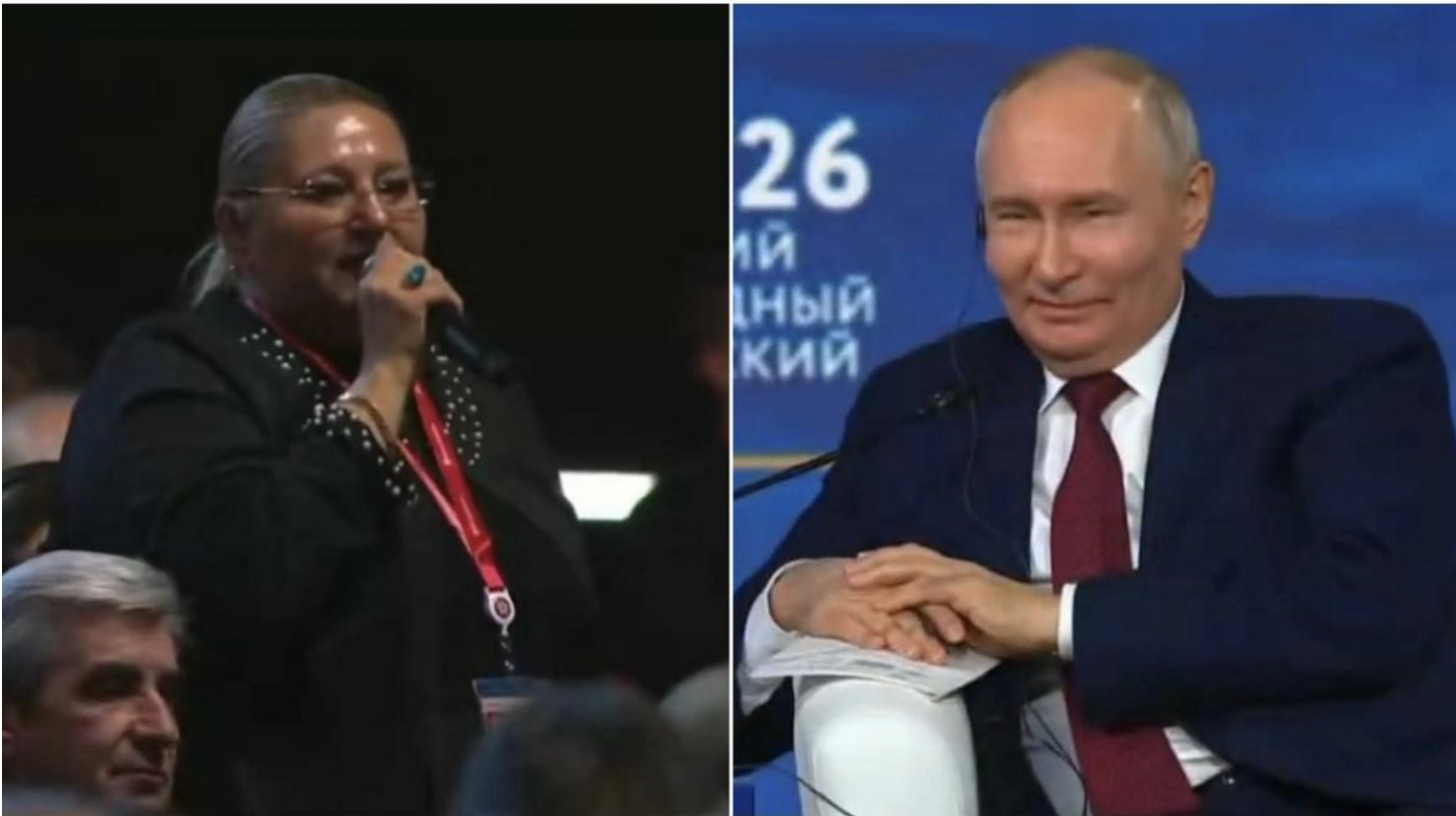 Diana Șoșoacă și Vladimir Putin, colaj foto din cadrul transmisiei video a forumului de la Sankt Petersburg. Sursa: X