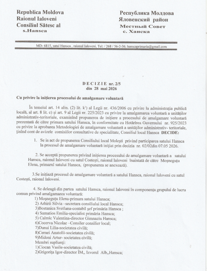 Hansca inițiază procesul de amalgamare cu Primăria Costești, însă cu o condiție 3 hansca