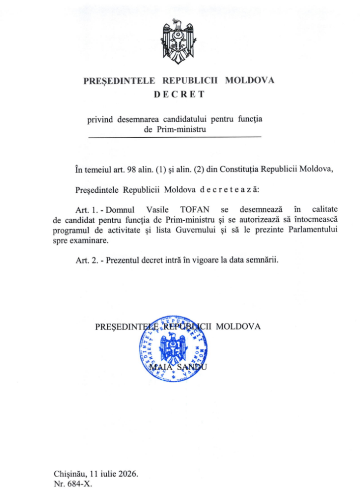 Maia Sandu a semnat decretul de desemnare a lui Vasile Tofan în funcția de prim-ministru 2 Screenshot 2026 07 11T130242.555